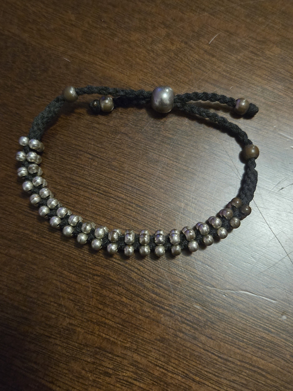 Black Cord Bracelet with Silver Beads